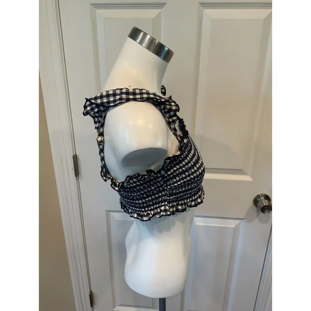 Tory Burch Blue & White Gingham Plaid Smocked Ruffle Cropped Top, Size M